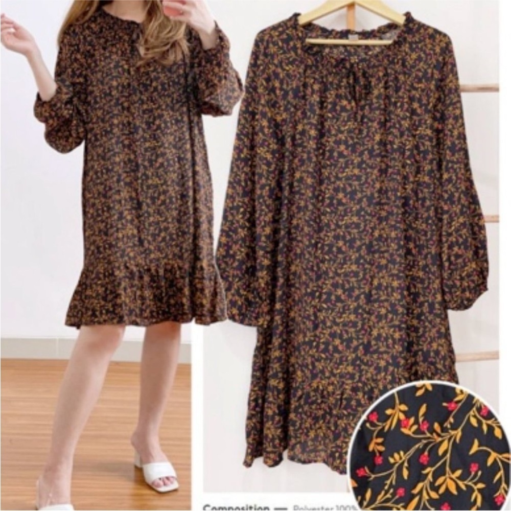 Old Navy Ruffled Georgette Swing Dress Floral Black Orange Red Size XS